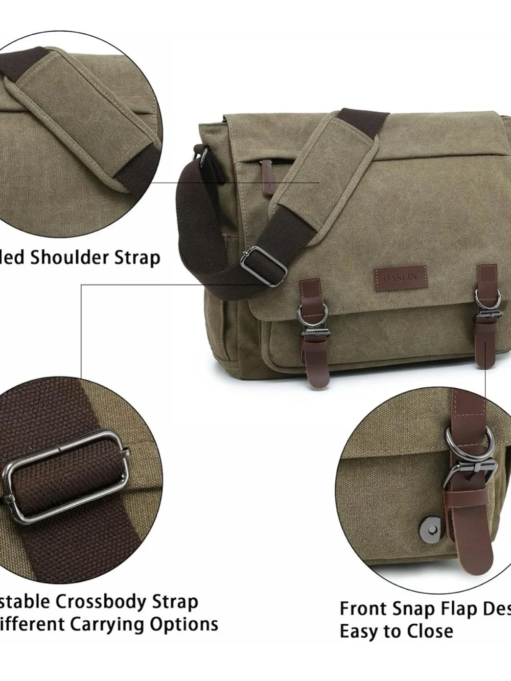 Dasein Large Vintage Canvas Messenger Shoulder Bag Army Green Crossbody Laptop